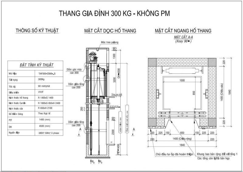 Thang máy gia đình tải trọng 300kg không PM